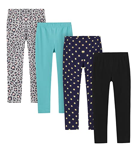 LAPASA Leggings Malla Deportiva Niña 4 Pack Leggings Deportivos Leggings de Casa 4-13 Años G11 9-10 años Leopardo, Turquesa, Estrellas, Negro