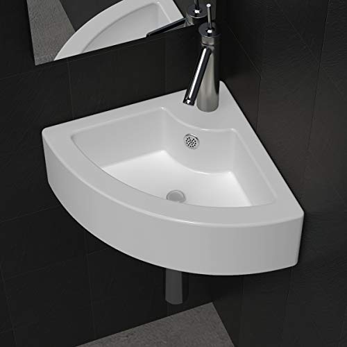 Lavabo de Cerámica de Cuarto de Baño Blanco Agujero de Grifo y Desbordamiento Esquina