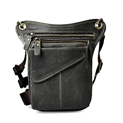 Le'aokuu hombres cuero genuino bolso Cintura Bolsa de Cuero Gota Pierna Bolsa para mensajero Bolso Multifuncional Militar Táctico Moto Bicicleta Senderismo Deportes Camping Montar 211-3 (211-3 gris)