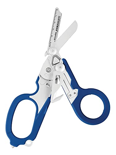 Leatherman Raptor - Tijeras médicas plegables con cortador de cinturón y rompedor de vidrio, manijas azules con funda de utilidad, hechas en los EE.UU, en acero inoxidable