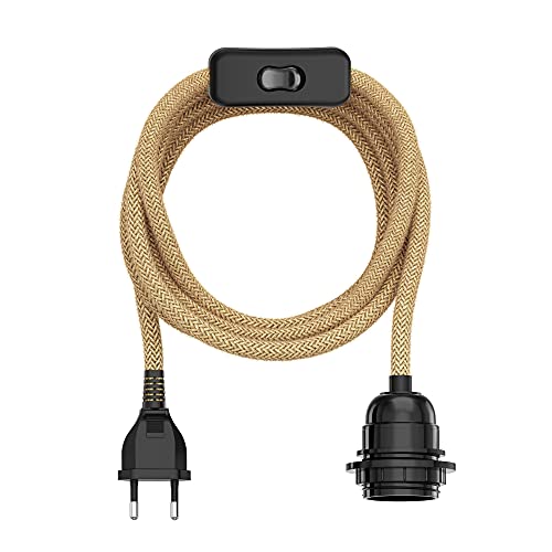 ledscom.de Cable de cáñamo/cable textil LEKA, enchufe, interruptor, beige, 3m, portalámparas, 1 x E27 máx. 60W