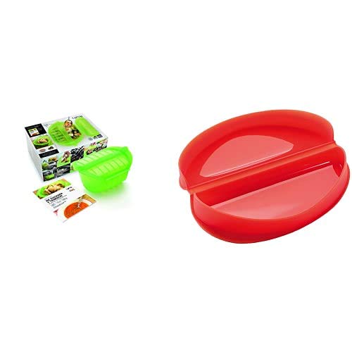 Lékué Kit Libro + Estuche de Vapor, Verde, 3-4 Personas + Recipiente para cocinar tortillas francesas en microondas, color rojo