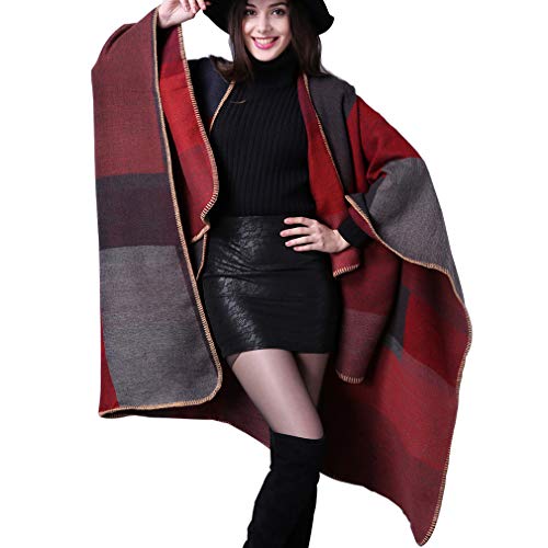 Lifetooler Poncho de mujer Chaqueta de frente abierto Chaqueta de invierno Dama de capa reversible Impreso de gran tamaño Envolturas a cuadros Tartán Patrón geométrico Mantón (cuadrado-rojo)