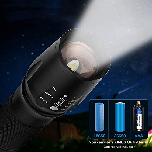 Linterna LED,Linterna Táctica,Alta Potencia Recargable 2000 Lumens Flashlight de 5 Modos para Ciclismo Camping Montañismo incluida un 2 de 18650 USB Carga Recargable (incluido)