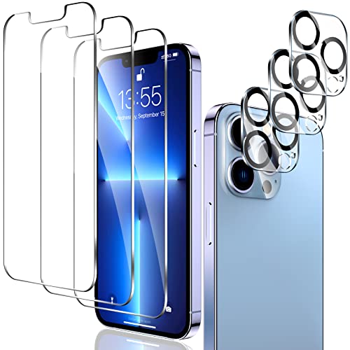 LK [3+3 Pack Protector de Pantalla Compatible con iPhone 13 Pro 6.1 Pulgada,3 Pack Cristal Templado y 3 Pack Protector de Lente de cámara, Doble protección, Kit de Instalación Incluido