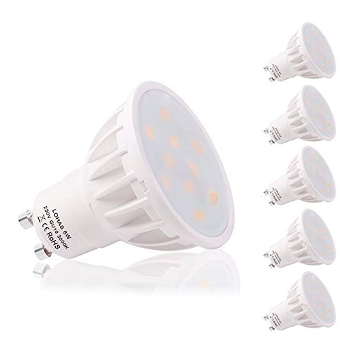 LOHAS 5 x 6W GU10 Bombilla LED, Lámparas Halógenas Equivalentes a 50W, Blanco Calído, 3000K, 500LM, Angulo de Haz de 120°, 230-240V, No Regulable