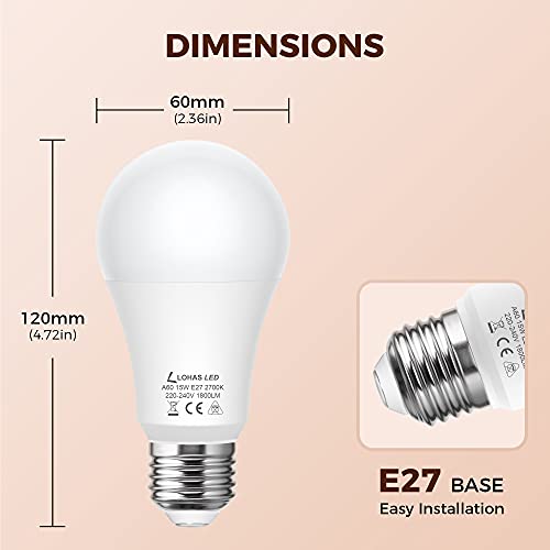 LOHAS Bombilla LED E27 15W, Equivalente a 150W Incandescente, Blanco Cálido 2700K, 1800 Lumens, Edison E27 Tornillo Bombillas, Bombilla LED A60 de Ahorro de Energía, No Regulable, 4 Unidades