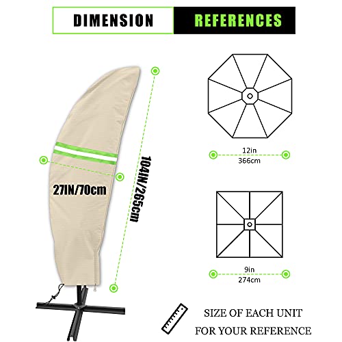 LOZOXO Cubierta para sombrilla de jardín, extra grande, impermeable, con cremallera, para sombrilla de 2,5 m - 4 m, recordatorio nocturno con cinta reflectante, color caqui