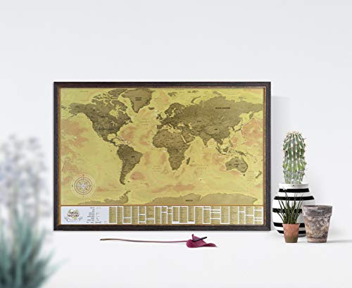 Mapa personal detallado para viajeros – Mapa del mundo rascado, XXL grande (84x57cm) Mapa del mundo con picos de montaña, profundidades de océanos y capitales Coutries, Regalo personal para viajeros