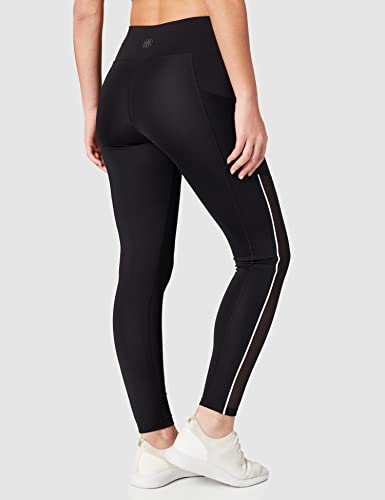 Marca Amazon - AURIQUE Mallas de Deporte de Tiro Alto con Banda Lateral Mujer, Negro (Black/White), 38, Label:S