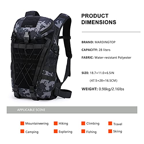 Mardingtop 28L Mochila Militar, Mochilas Hombre Deportivas Mochila Tactica Senderismo Moto Deporte Viaje Playa Montaña Negra for Unisex (28l-Camuflaje Enrejado)