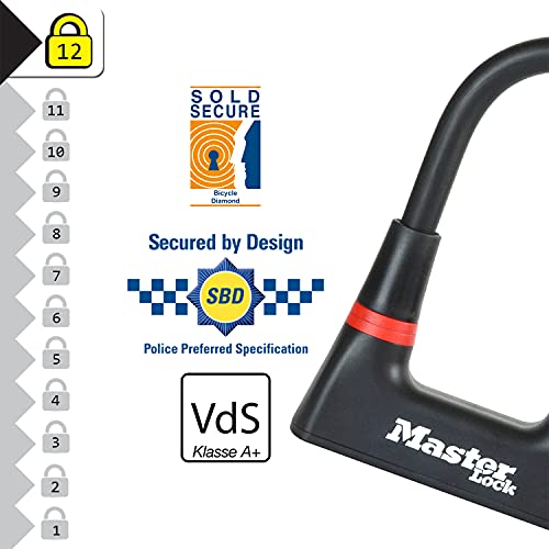 MASTER LOCK 8278EURDPRO Candado U, Llave, Antirrobo Certificado, Electrica, Bicicleta Montaña, Unisex-Adult, Negro, Medium