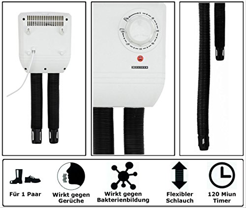 Melissa 16540009 - Calentador eléctrico de zapatos para botas, botas de goma y guantes, secadora para zapatos de senderismo o de esquí, calefacción con ventilador y temporizador para 1 par de zapatos