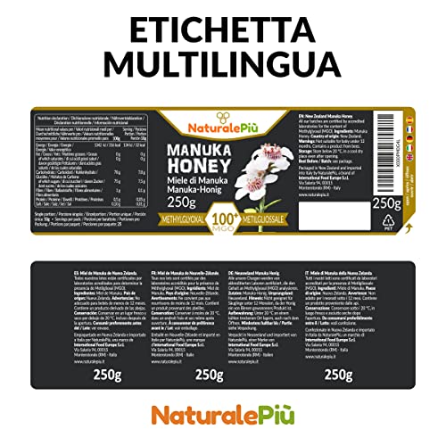 Miel de Manuka 100+ MGO de 250g. Producida en Nueva Zelanda, activa y cruda, Pura y natural. Metilglioxial Probado por laboratorios acreditados. NATURALEPIÙ