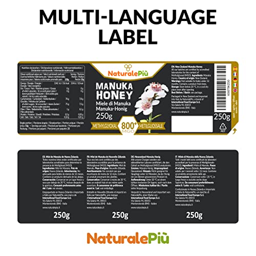 Miel de Manuka 800+ MGO de 250g. Producida en Nueva Zelanda, activa y cruda, Pura y natural. Metilglioxial probado por laboratorios acreditados. NATURALEPIÙ