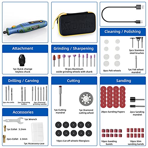 Mini Amoladora Eléctrica, Rumia 8V Multiherramienta con 95 Accesorios Herramienta Rotativa multifunción, 5 Velocidades Ajustables, Luz De Trabajo para DIY cortar/lijar/grabar/limpiar/pulir