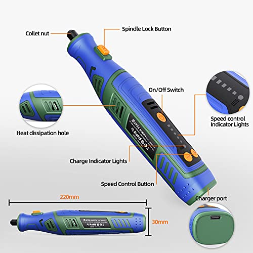 Mini Amoladora Eléctrica, Rumia 8V Multiherramienta con 95 Accesorios Herramienta Rotativa multifunción, 5 Velocidades Ajustables, Luz De Trabajo para DIY cortar/lijar/grabar/limpiar/pulir
