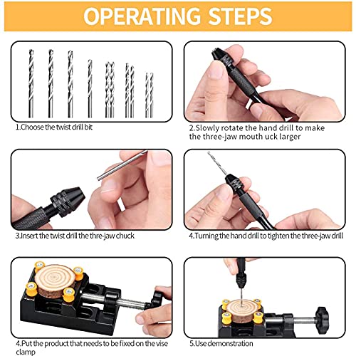 Mini Taladro Manual Kit, Juego de 62 Piezas Taladro de Mano, Tornillo de mano, Mini Taladros, Taladros Helicoidales y Tornillo de Banco para Madera, Resina, joyería, Nogal, ámbar