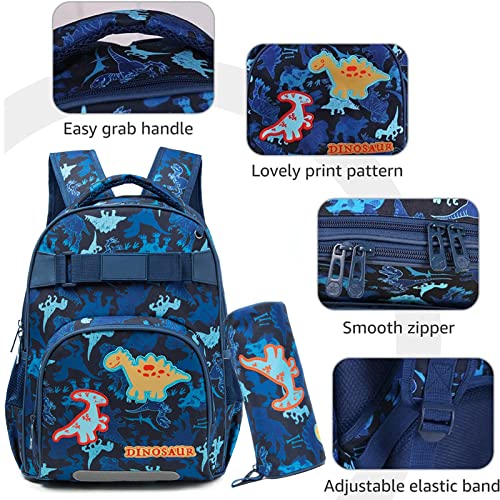 Mochila Escolar para Niños Mochila de Dinosaurio Conjunto de Mochilas para Estudiantes de Primaria Impermeable Nailon Mochila con Estuche para Lápices y Tiras Reflectantes de Seguridad, Azul