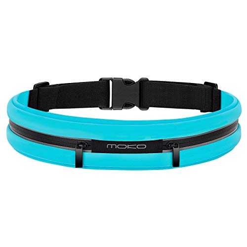 MoKo Cinturón Deportivo para Correr al Aire Libre con Doble Bolsillo,a Prueba de Sudor, Reflectante, para Fitness, Entrenamiento, Compatible con iPhone 11/X/XR, Galaxy S10/S10e,hasta 6.5", Azul Claro