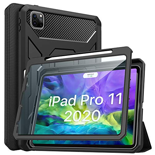 MoKo Funda Compatible con iPad Pro 11" 2020/2018, [Protector de Pantalla Incorporado] Auto Estela/Sueño y Soporte de Pencil para iPad Pro 11 Inch 2020 2nd Generación & 2018 - Negro