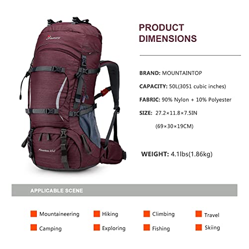 MOUNTAINTOP 50L Mochilas de Senderismo Hombre Mochila Trekking Unisex Mochila Montaña Viaje Mujer Impermeable Acampada 69x30x19cm-6396