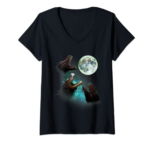 Mujer Tres Dragones Aullado En Luna 3 Lobos Lobos Divertido Parodia Camiseta Cuello V