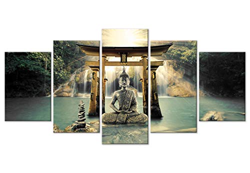 murando Cuadro en Lienzo Buda 200x100 cm Impresión de 5 Piezas Material Tejido no Tejido Impresión Artística Imagen Gráfica Decoracion de Pared Oriente Zen Cascada p-A-0033-b-n