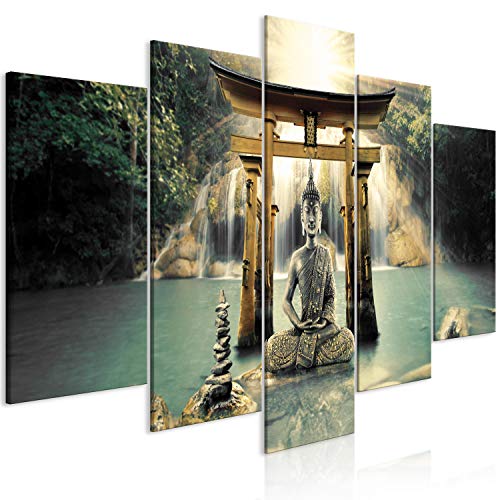 murando Cuadro en Lienzo Buda 200x100 cm Impresión de 5 Piezas Material Tejido no Tejido Impresión Artística Imagen Gráfica Decoracion de Pared Oriente Zen Cascada p-A-0033-b-n