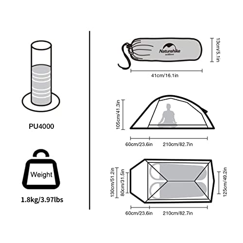 Naturehike Cloud-Up 2 Tienda de Campaña 2 Personas 3-4 Temporada Tienda Mochila Ligera(Actualizar Gris 20D)