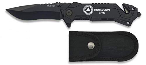 Navaja grabado PROTECCIÓN CIVIL grabada PROTECCIÓN CIVIL Negra Mango de Aluminio y Hoja de 8,1 cm cm para Camping, Caza, Pesca, Supervivencia y Bushcraft Albainox 19520GR262 + Portabotellas de regalo