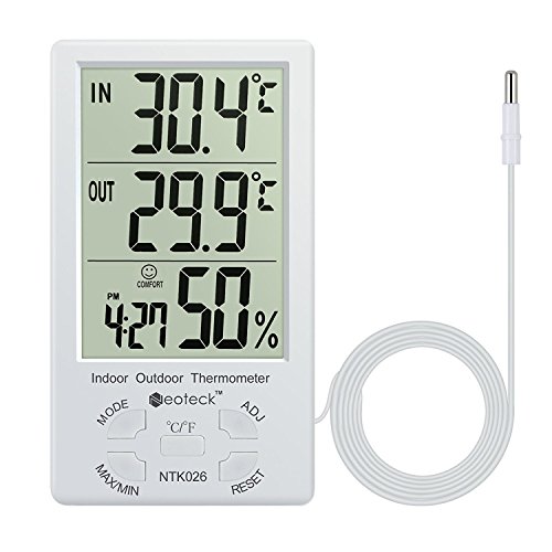 Neoteck Termómetro Higrómetro LCD Digital Interior Higrómetro Interior y Exterior Termómetro Medidor de Temperatura Valor Mínimo/Máximo para la Gestión del Aire Hotel Oficina Laboratorio Hospitalario