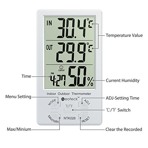 Neoteck Termómetro Higrómetro LCD Digital Interior Higrómetro Interior y Exterior Termómetro Medidor de Temperatura Valor Mínimo/Máximo para la Gestión del Aire Hotel Oficina Laboratorio Hospitalario