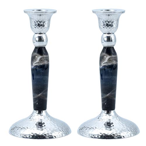 Ner Mitzvah Portavelas de metal decorativo para candelabros de mármol, para mesa, chimenea y ventana, color negro y plateado, juego de 2