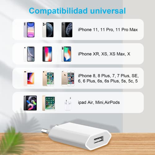 Newding Cargador para i Phone Apple 7/7 Plus, 8/8 Plus, Airpods 2/3/Pro, SE 2020, 10/X, XS MAX/XR/XS, 11/11 Pro/11 Pro MAX, 6/6S, Mini Adaptador Enchufe 5W de Movil y Cable USB Reemplazar Original