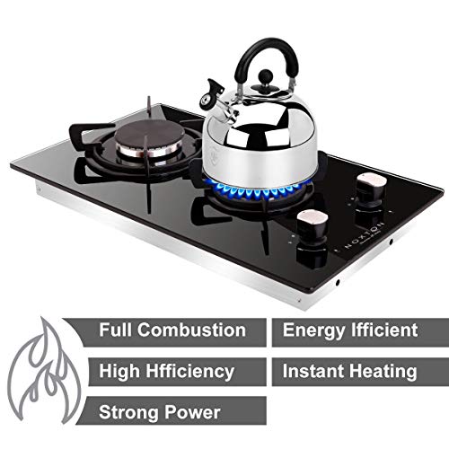 NOXTON Construido-en 30cm 2 Fuegos Encimera De Gas Domino Negro Cocina de Vidrio con Kit de GLP & FPD [Clase de Energía A +]