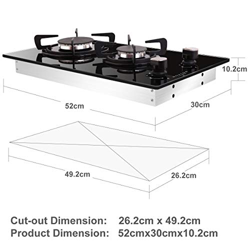 NOXTON Construido-en 30cm 2 Fuegos Encimera De Gas Domino Negro Cocina de Vidrio con Kit de GLP & FPD [Clase de Energía A +]