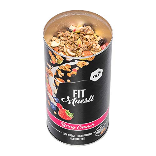 nu3 Fit Protein Muesli - Avena con proteína sabor Berry Crunch - 450 g de muesli proteico con bayas, almendras, guaraná y matcha - 33% de proteínas y solo 4% de azúcar – Ideal en dietas sin gluten