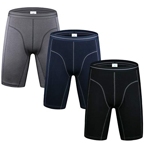 Nuofengkudu Hombre 3 Pack Largos Calzoncillos Bóxers Ajustados Algodon Sin Costuras Ropa Interior Deportiva Boxershort Briefs(Gris/Azul/Negro) Grande Tamaño 4XL