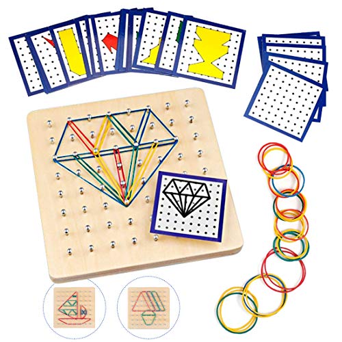 O-Kinee Geoboard de Madera, Tablero Geometría Montessori de Matemática Matriz Tabla con Tarjetas de Actividad y Bandas de Inspire la Imaginación y Creatividad de Los Niños