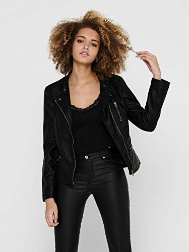 Only Leather Look Biker Jacket Chaqueta, Negro (Black), 36 para Mujer