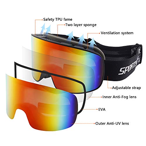 OULIQI Gafas de esquí, Antivaho, Lentes Dobles protección UV, Gafas Esquí Snowboard para Mujer Hombres,Gafas a Prueba de Viento para Deportes de Invierno, esquí, Patinaje, portadores de Gafas (Rojo)