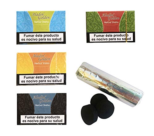 Outletdelocio. Pack 4 Hierba para cachimba Shisha de sabores Variados (Piña, Regaliz, Manzana y Melon) + Pastillas Carbon cachimba