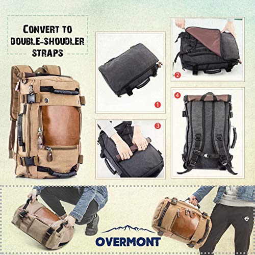 OVERMONT 35L Multifuncional portátil Vintage Mochila Bolsa Macuto de Lona Cuero para excursión Camping Senderismo Acampada Viaje activiadad al Aire Libre Caqui/Negro