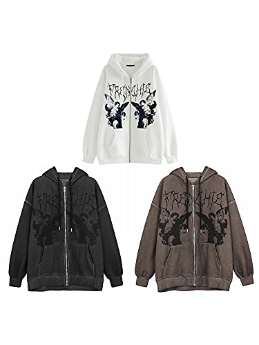 Oversized Drawstring Sweatshirt for Women Long Sleeve Zip Up Cardigan Y2k E-Girl Hoodies Pullover Jacket with Pockets (Coffee, XX-Large)