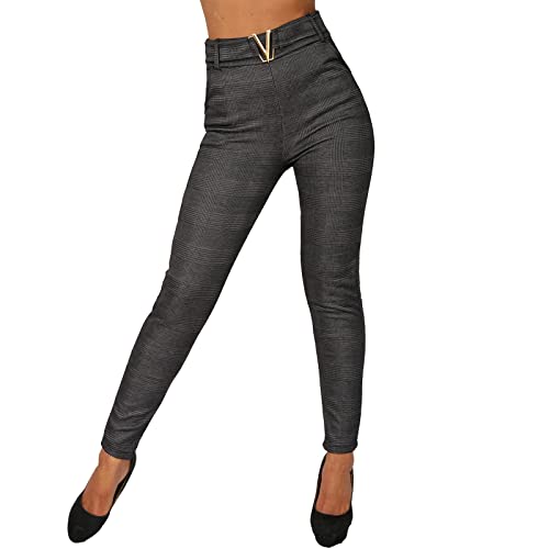 P8405 - Pantalones térmicos para mujer, cintura alta, diseño de cuadros, Gris Oscuro 78077, S