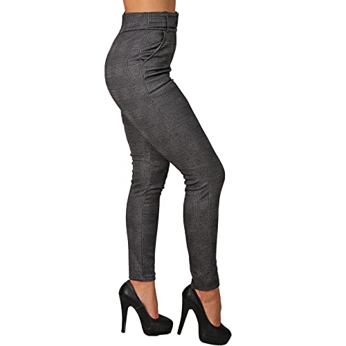 P8405 - Pantalones térmicos para mujer, cintura alta, diseño de cuadros, Gris Oscuro 78077, S