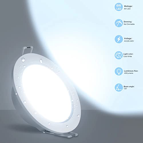 Pack 6x Panel Downlight Led, bapro 6W 450LM Led Redondo Plano, 220V, Blanc froid 6000K LED Empotrable Techo, IP44 LED Extraplano Redondo para Interior Salón Dormitorio Cocina Pasillo