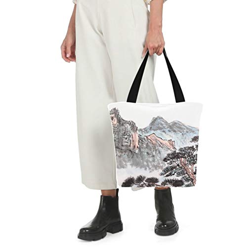 Paisaje de alta montaña con nubes y niebla 11 × 7 × 13 pulgadas Bolsa de mano de poliéster resistente lavable a máquina para mujeres con cremallera Bolsas de mano reutilizables plegable