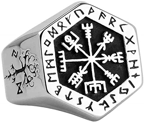 PangTuZiYin Anillo clásico Punk con patrón Especial, brújula vikinga nórdica y Anillo de runas, joyería Tallada, símbolo del árbol de la Vida, Anillo para Hombres y Mujeres